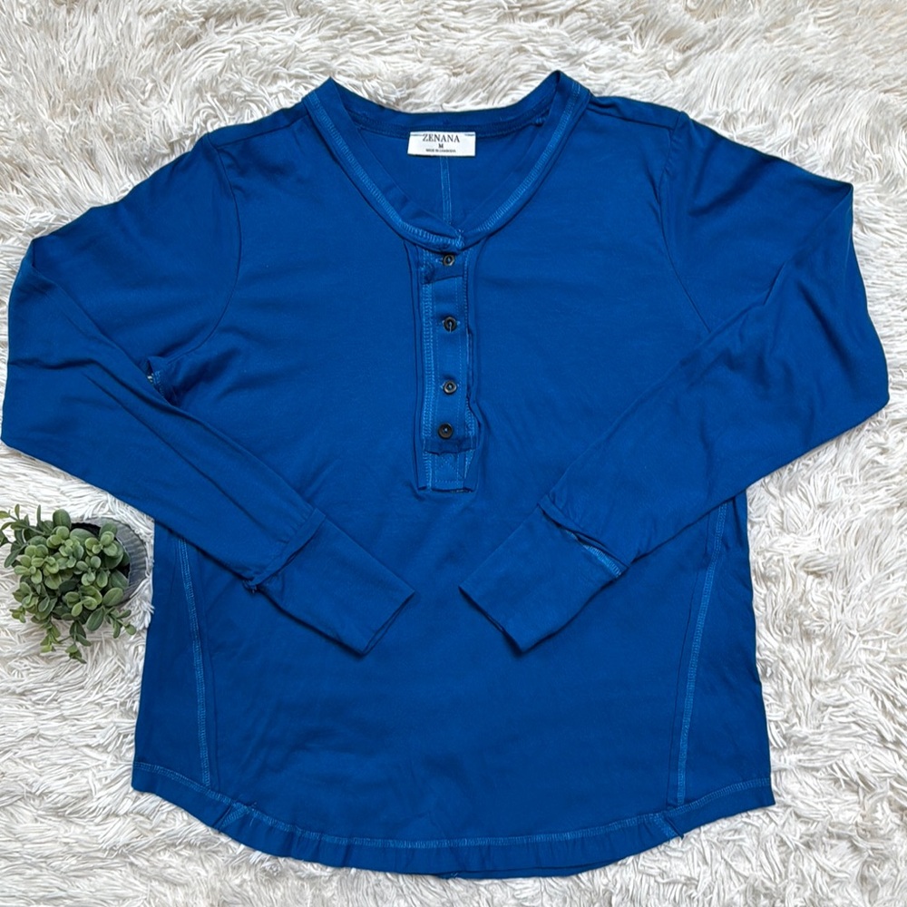 Zenana Henley Raw Seam Top 💗 Blue - Picture 3 of 16